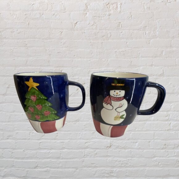 LAURIE GATES -- "Christmas Twilight," Mugs, Set-2, Tree & Snowman, Vintage 1999 - Picture 2 of 5